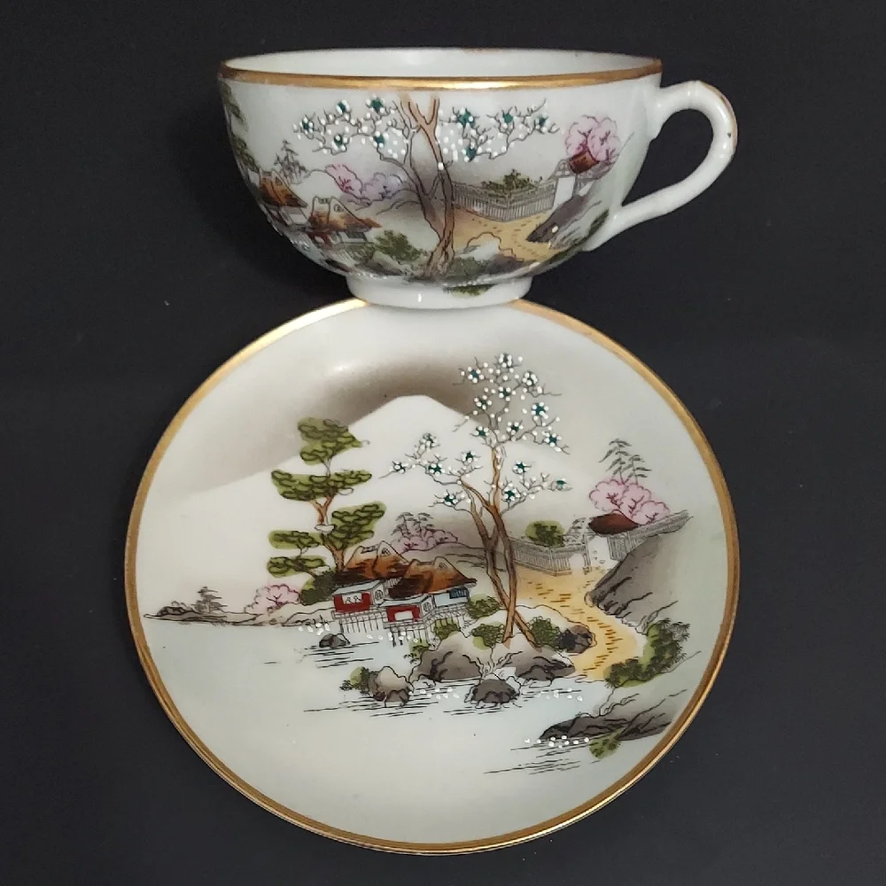 Vintage Nippon Hand-Painted Scenic Teacup and Saucer Set